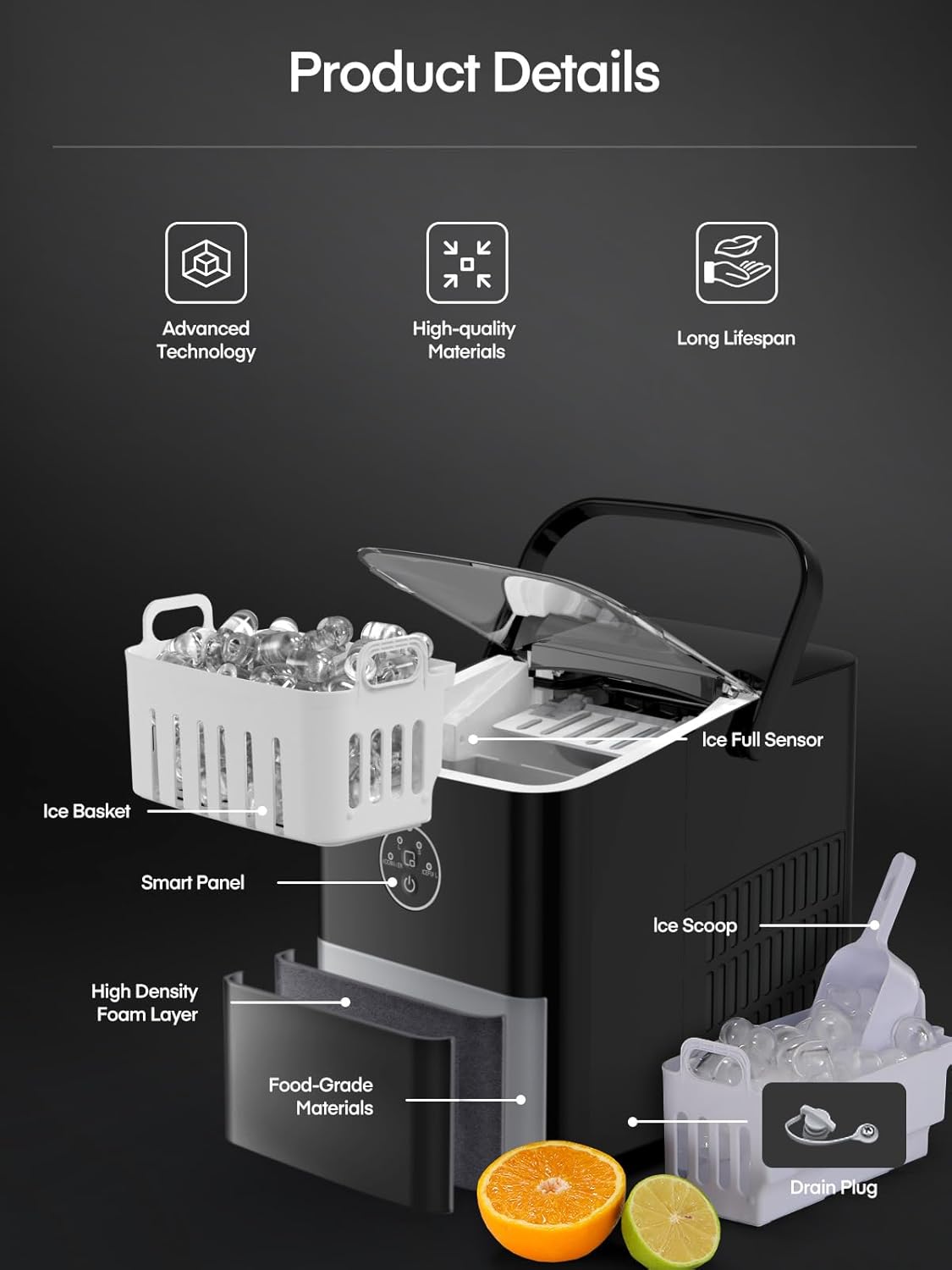 FOHERE Ice Maker Machine Countertop, 14KG in 24H, Ice Ready in 5 Mins, 2 Bullet Ice Sizes, Portable Ice Cube Maker with Handle, Ice Machine with Self-Cleaning, Ice Scoop&Basket, Home/Kitchen/Office/RV