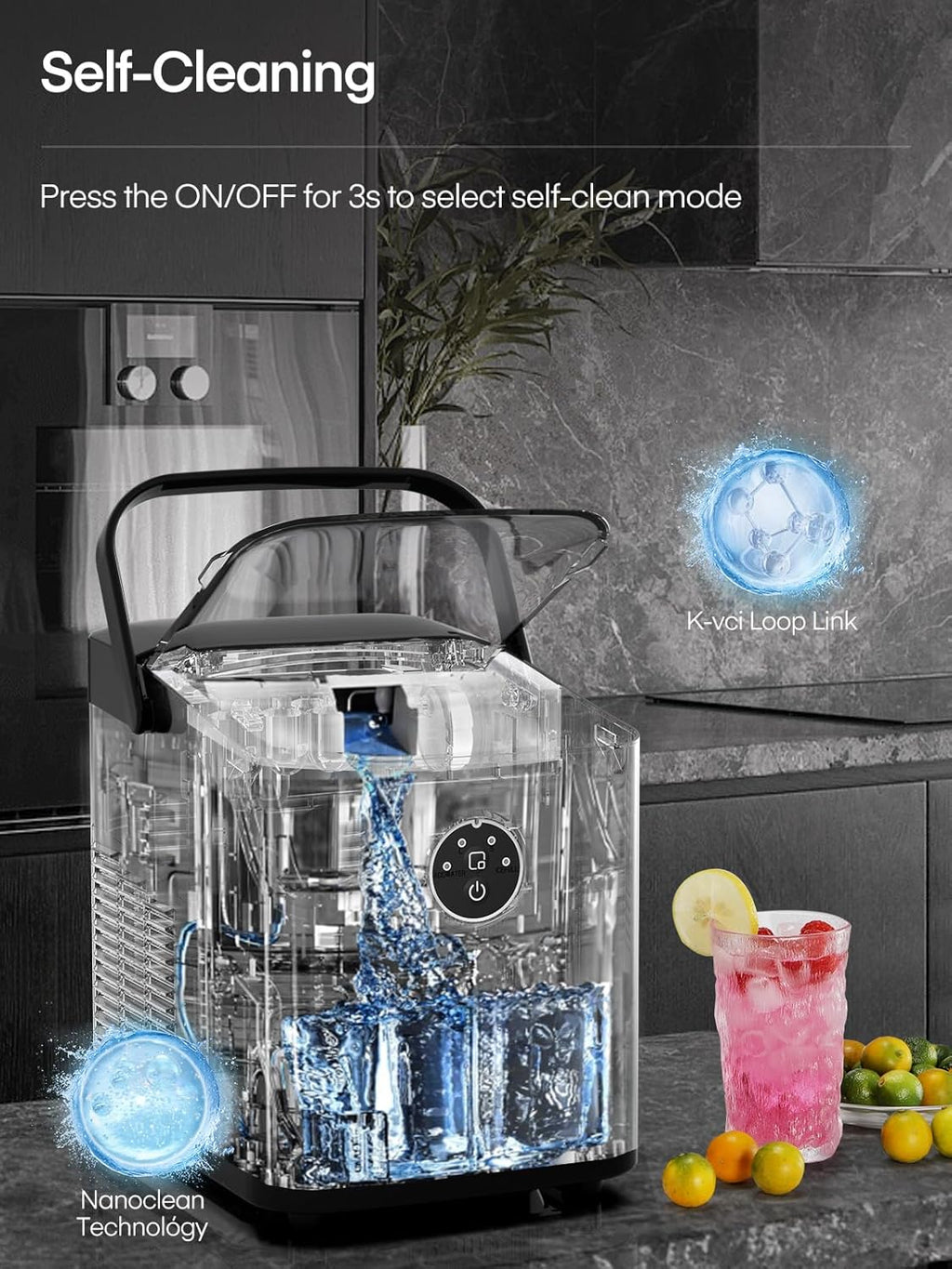 FOHERE Ice Maker Machine Countertop, 14KG in 24H, Ice Ready in 5 Mins, 2 Bullet Ice Sizes, Portable Ice Cube Maker with Handle, Ice Machine with Self-Cleaning, Ice Scoop&Basket, Home/Kitchen/Office/RV