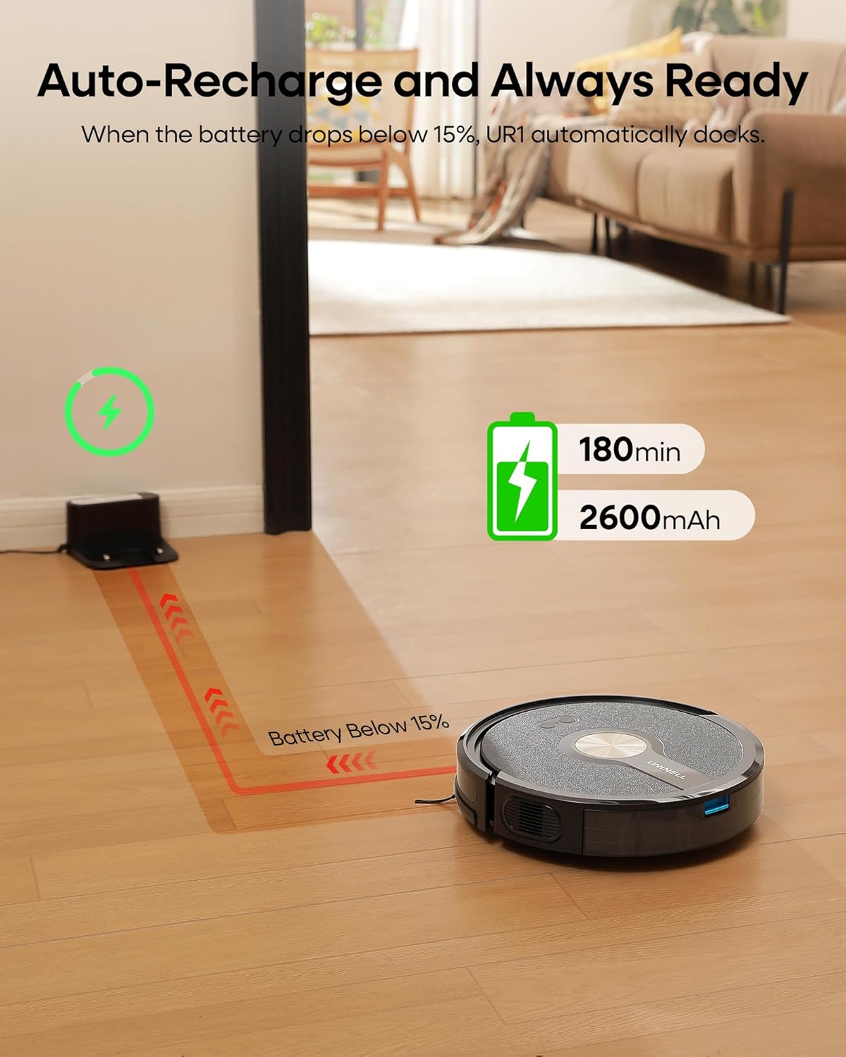 UR1 Robot Vacuum Cleaner with Mop, Robotic Vacuum with 5000Pa Super Suction, 180min, Ultra Slim with Auto Carpet Boost, APP Remote Voice Control, Ideal for Carpets Hard Floors Pet Hair