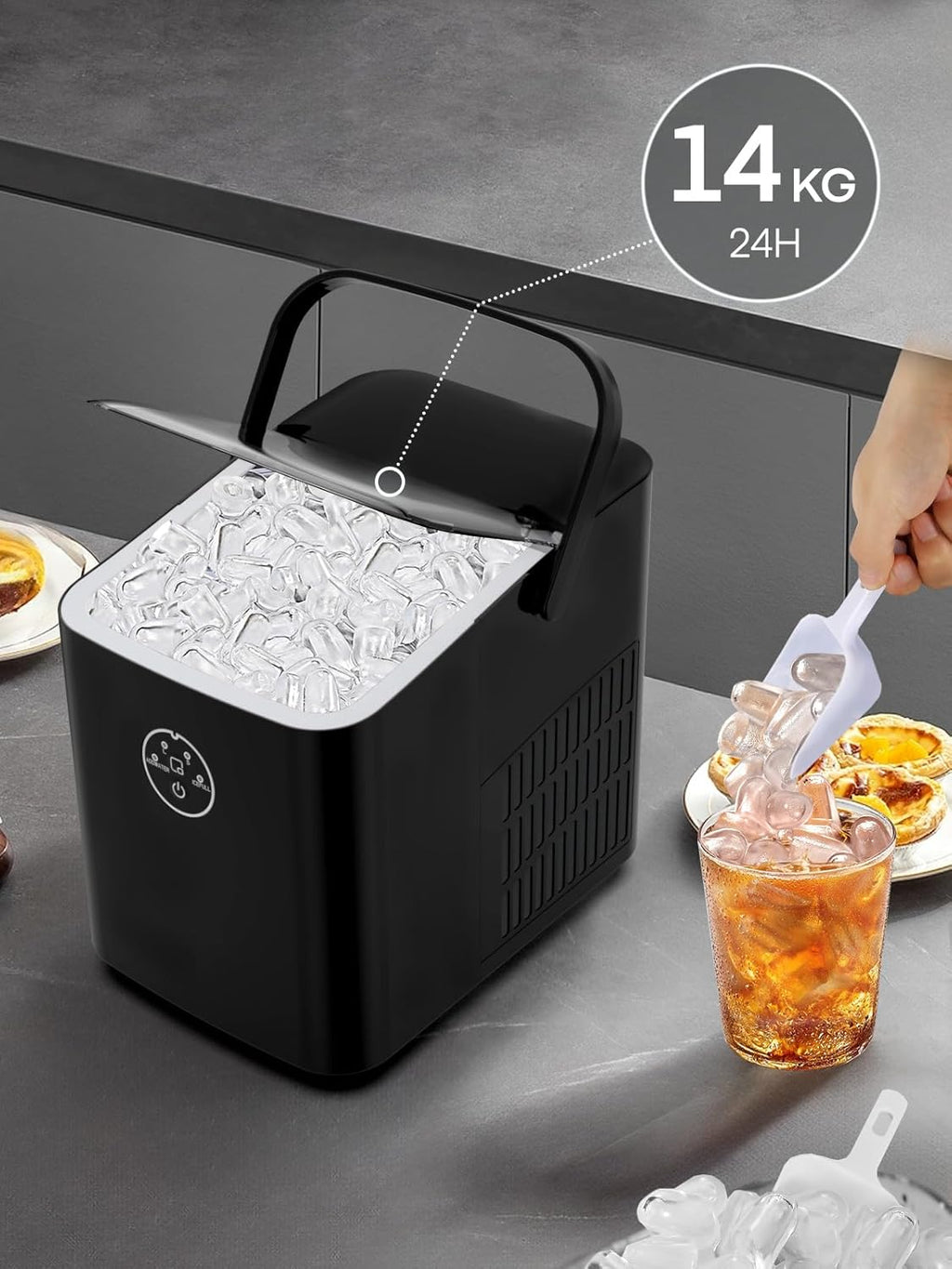 FOHERE Ice Maker Machine Countertop, 14KG in 24H, Ice Ready in 5 Mins, 2 Bullet Ice Sizes, Portable Ice Cube Maker with Handle, Ice Machine with Self-Cleaning, Ice Scoop&Basket, Home/Kitchen/Office/RV