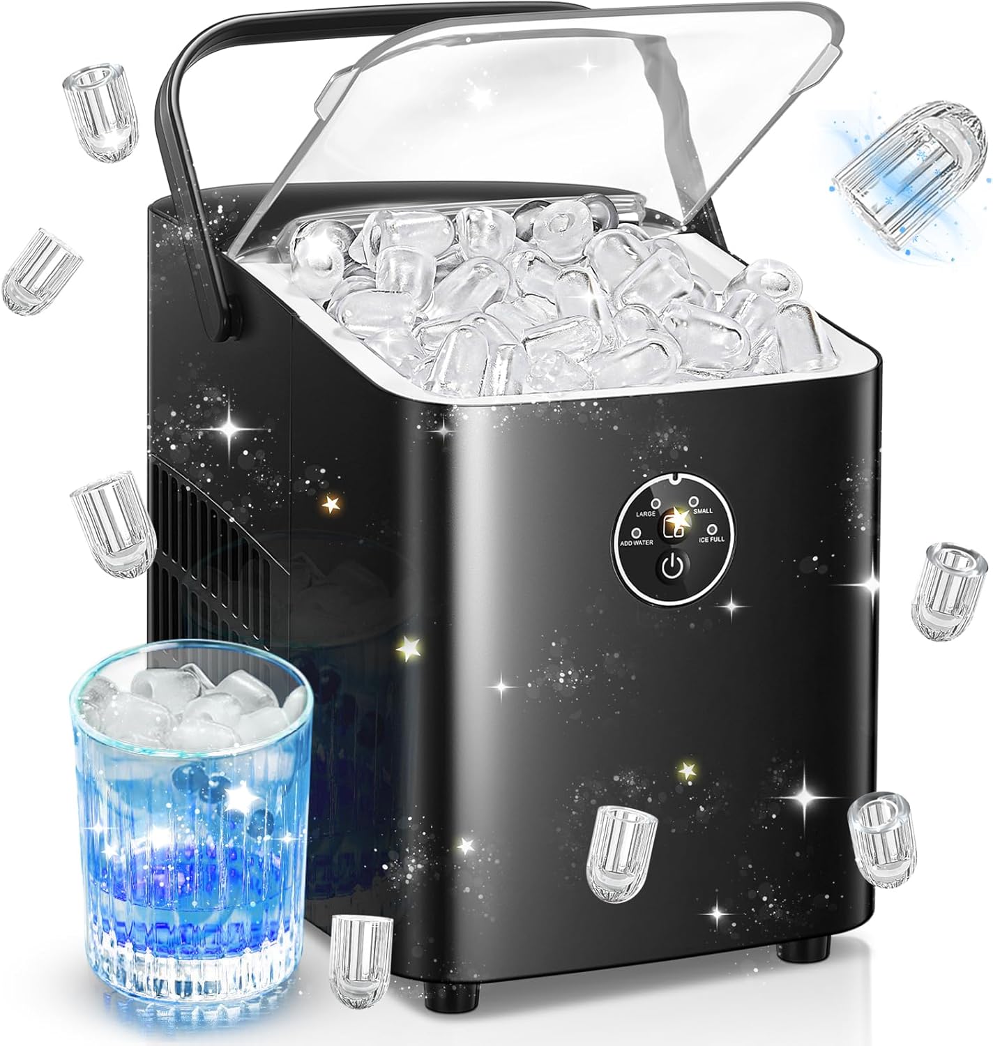 FOHERE Ice Maker Machine Countertop, 14KG in 24H, Ice Ready in 5 Mins, 2 Bullet Ice Sizes, Portable Ice Cube Maker with Handle, Ice Machine with Self-Cleaning, Ice Scoop&Basket, Home/Kitchen/Office/RV